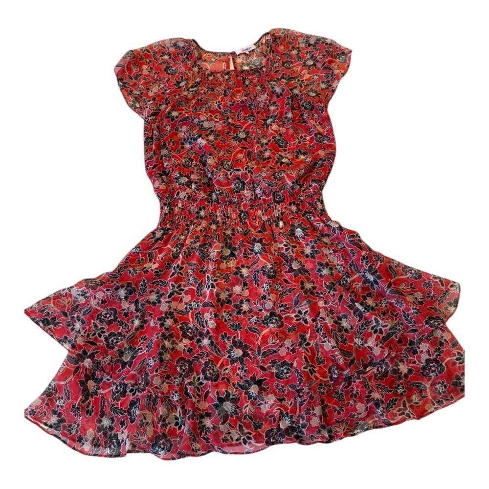 Parker Red Black Silk Floral V Neck Dress Mini Smocked Waist Ruffled Mini Dress - Picture 14 of 15